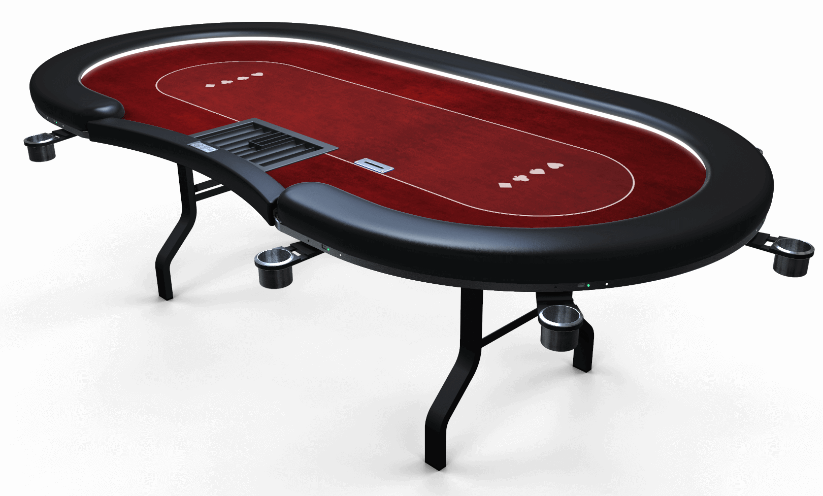Bean-shaped poker table with four pictured cupholders that swing-out from the black vinyl foam rail, red felt with a white pattern, and metal table legs.