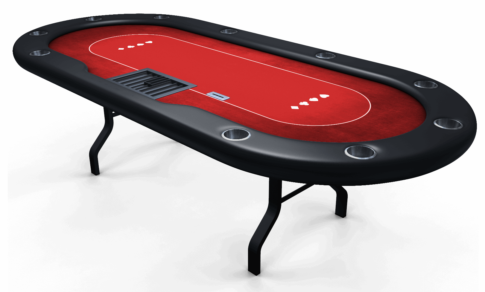 Oval-shaped poker table with ten cupholders in the black vinyl foam rail, red felt with a white pattern, a dealer box, and metal table legs.